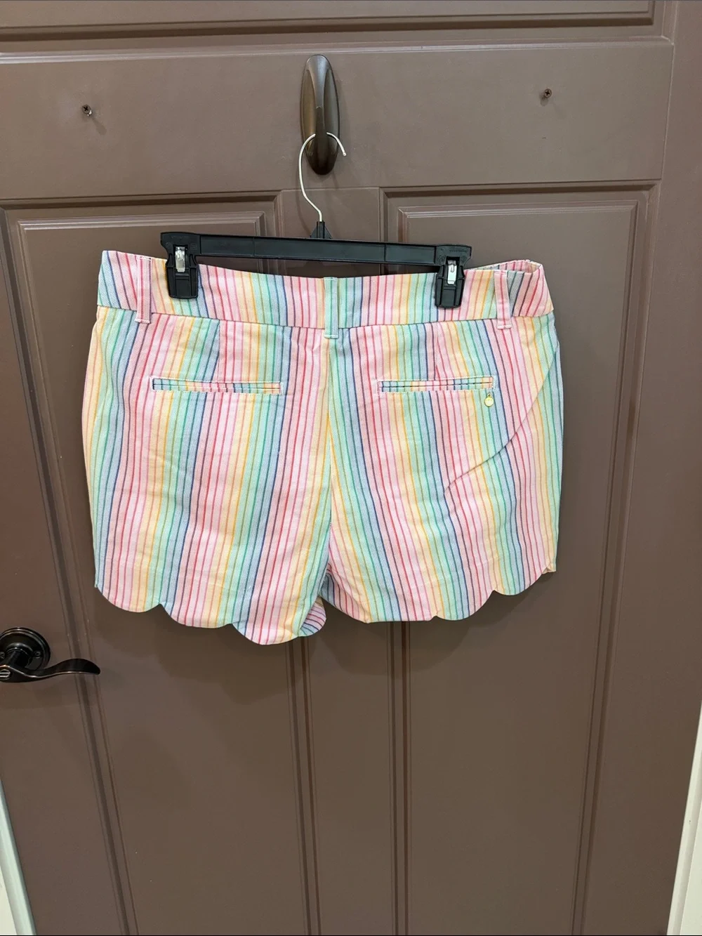 Crown & Ivy Scallop Hem Pastel Rainbow Stripe High-Waist Shorts